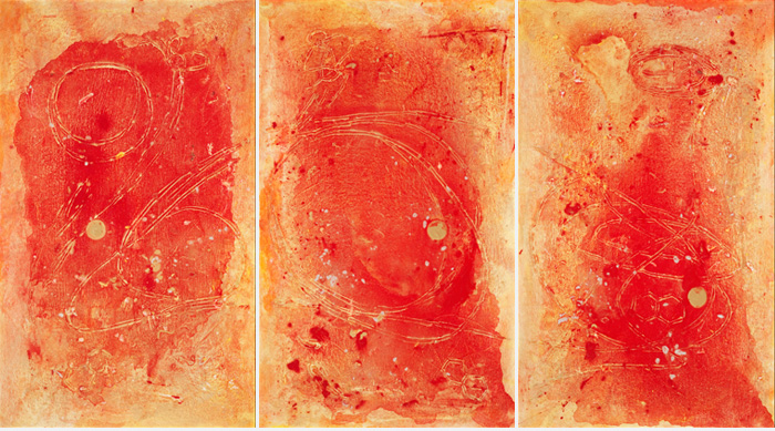 Lou Bermingham Painting Red Gold Triptych